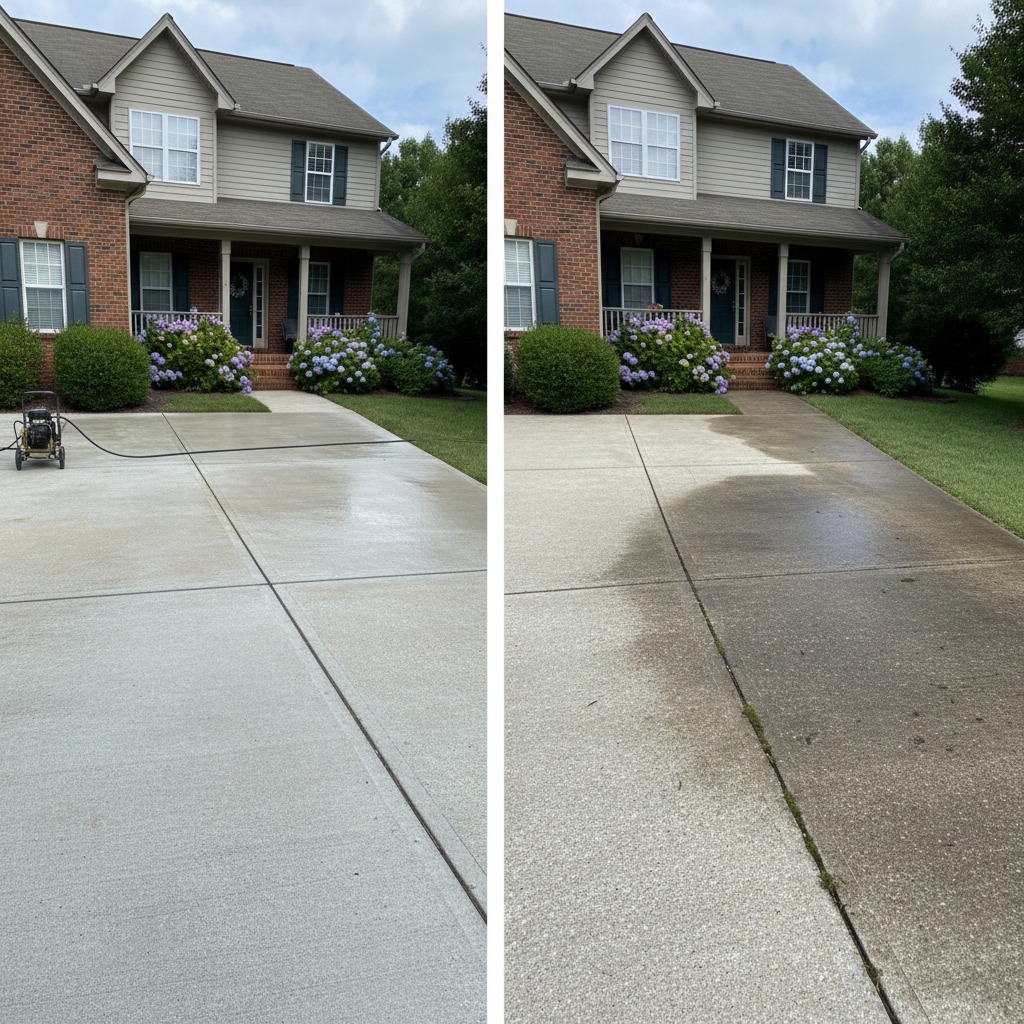 A home in Winchester Virginia with half the driveway power washed and clean, and the other still dingy and dirty.